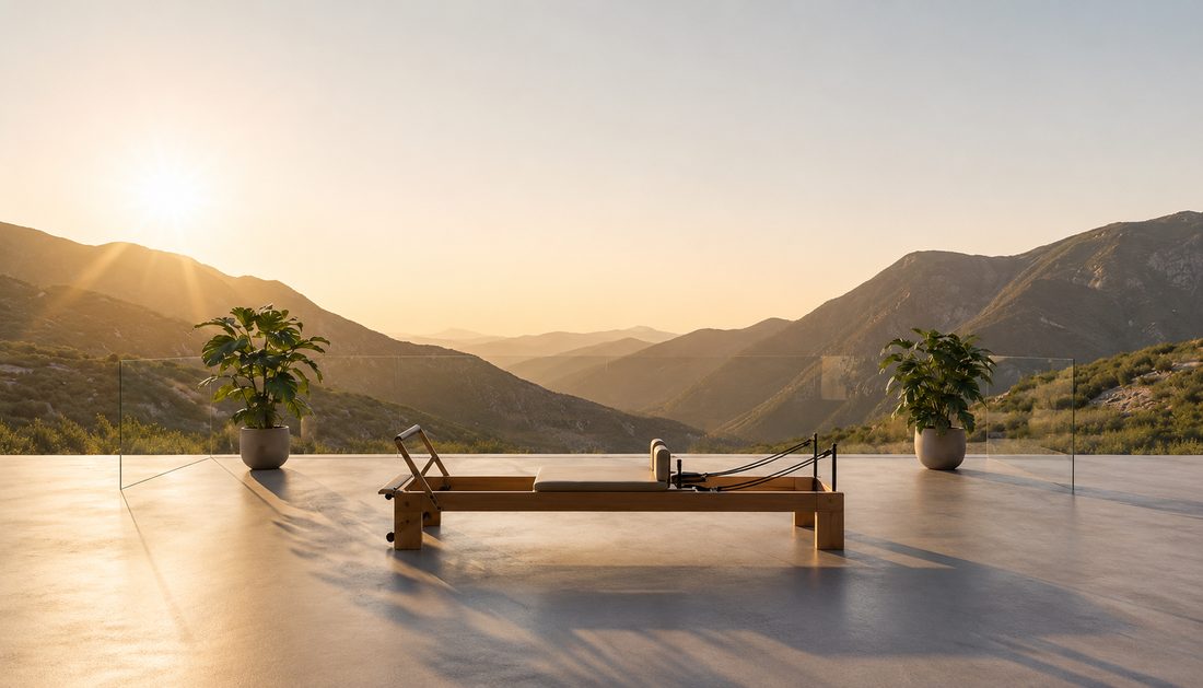 A single reformer on a mountain terrace at golden hour